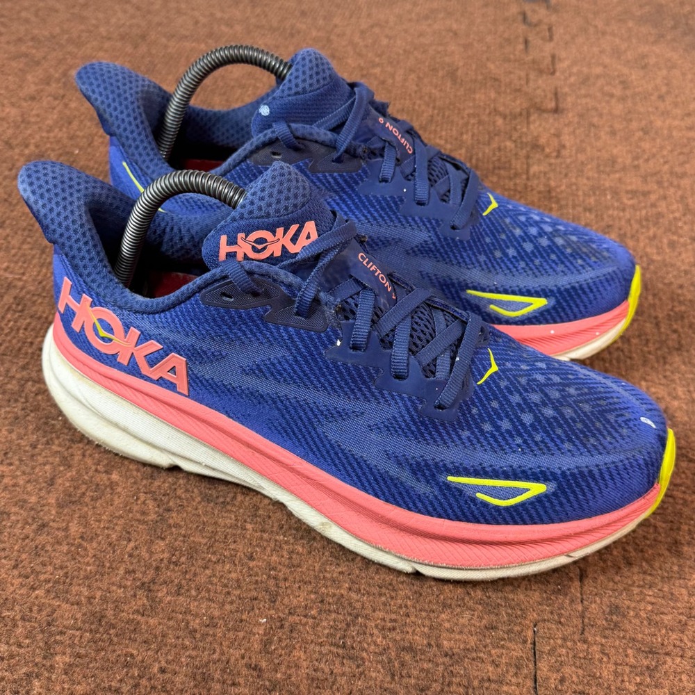 B- gym Hoka Clifton 9 Womens Running Shoes Blue Pink 9.5B 1127896 EVN Sneaker